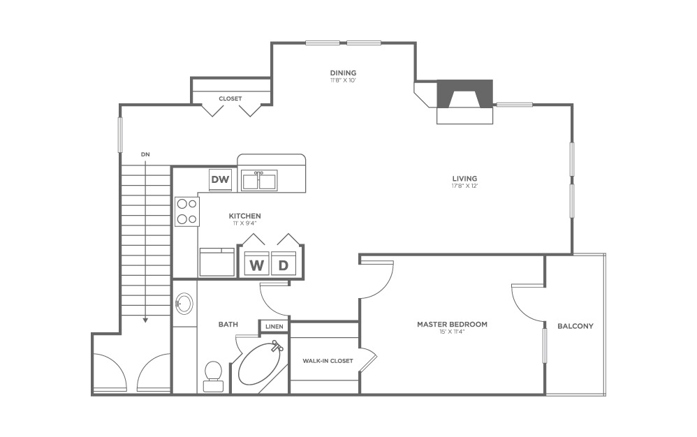 Walnut B - 1 bedroom floorplan layout with 1 bath and 1004 square feet (1st floor 2D)